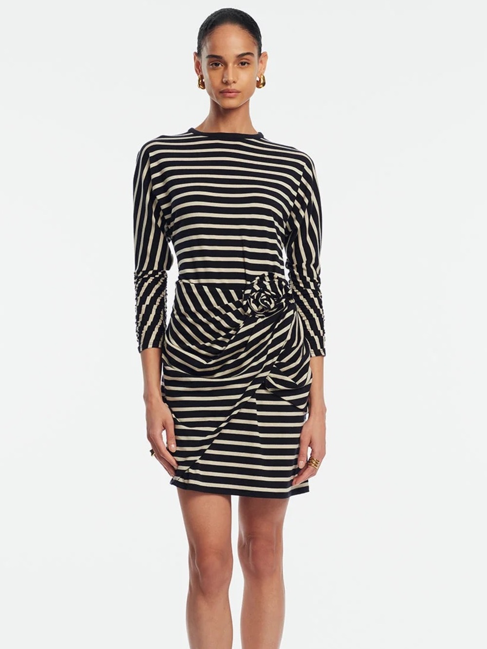 BNWT Pearl by Lela Rose Black and White Striped Ruched Dress